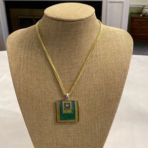 Enamel Necklace Green Yellow and Silver Geometric Medallion Charm Adjustable